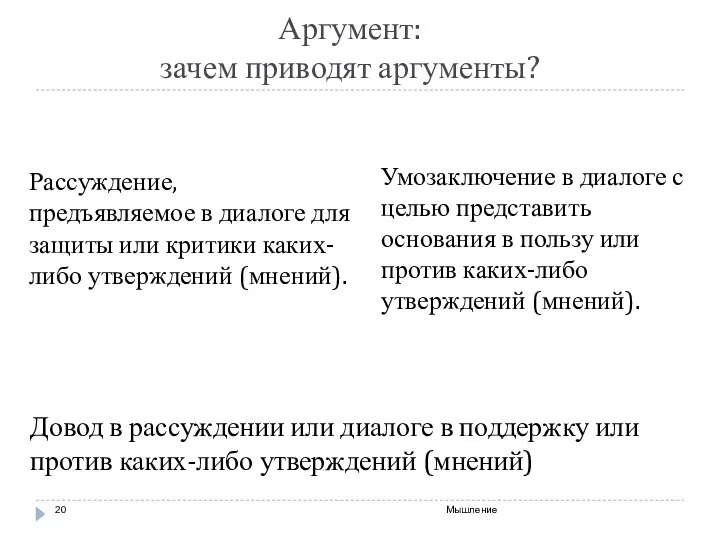 Аргумент: зачем приводят аргументы? Рассуждение, предъявляемое в диалоге для защиты или