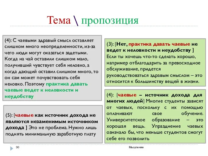 Тема \ пропозиция Мышление (4): С чаевыми здравый смысл оставляет слишком