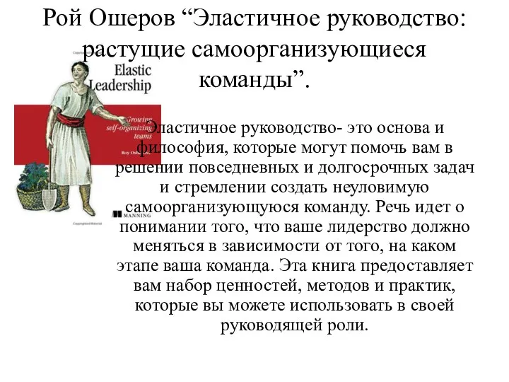 Рой Ошеров “Эластичное руководство: растущие самоорганизующиеся команды”. Эластичное руководство- это основа