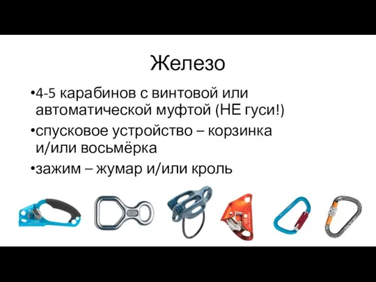 Железо 4-5 карабинов с винтовой или автоматической муфтой (НЕ гуси!) спусковое