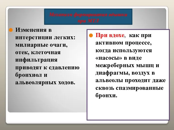 Механизм формирования одышки при МТЛ Изменения в интерстиции легких: милиарные очаги,