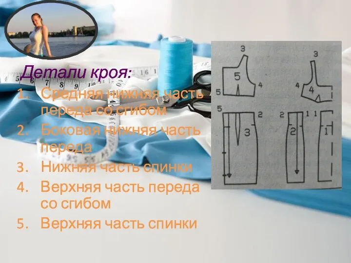 Детали кроя: Средняя нижняя часть переда со сгибом Боковая нижняя часть