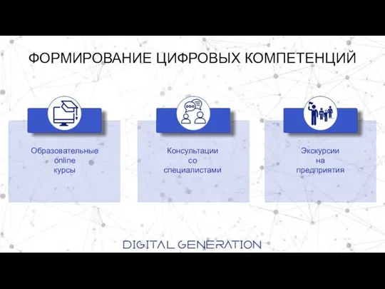 ФОРМИРОВАНИЕ ЦИФРОВЫХ КОМПЕТЕНЦИЙ Образовательные online курсы Консультации со специалистами Экскурсии на предприятия