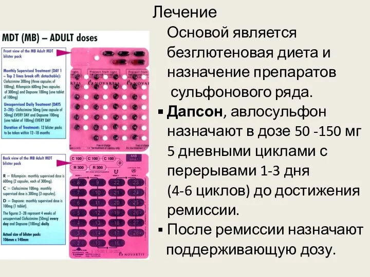 Лечение Основой является безглютеновая диета и назначение препаратов сульфонового ряда. Дапсон,