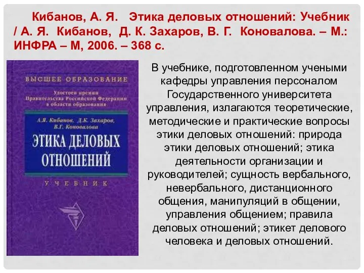 Кибанов, А. Я. Этика деловых отношений: Учебник / А. Я. Кибанов,