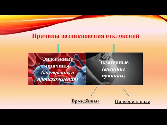 Причины возникновения отклонений Эндогенные причины (внутреннего происхождения) Экзогенные (внешние причины) Врождённые Приобретённые