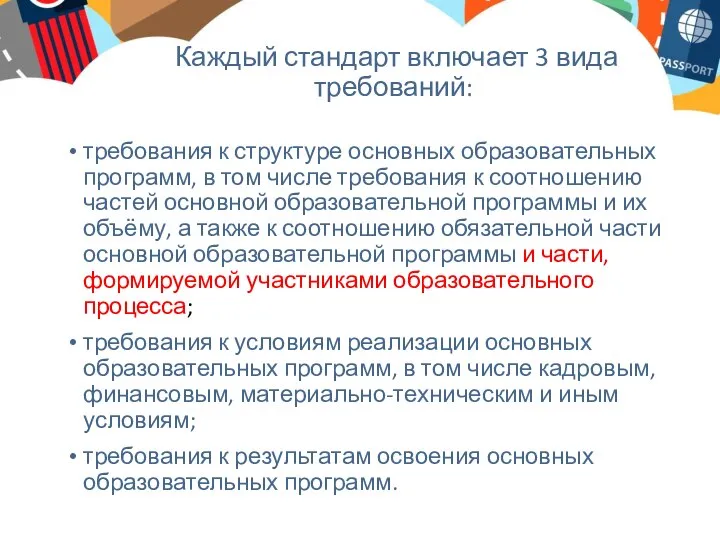 Каждый стандарт включает 3 вида требований: требования к структуре основных образовательных