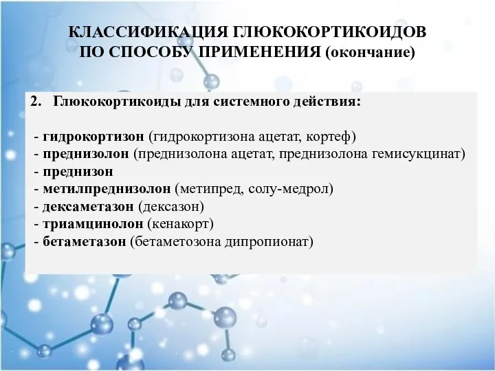 КЛАССИФИКАЦИЯ ГЛЮКОКОРТИКОИДОВ ПО СПОСОБУ ПРИМЕНЕНИЯ (окончание) 2. Глюкокортикоиды для системного действия: