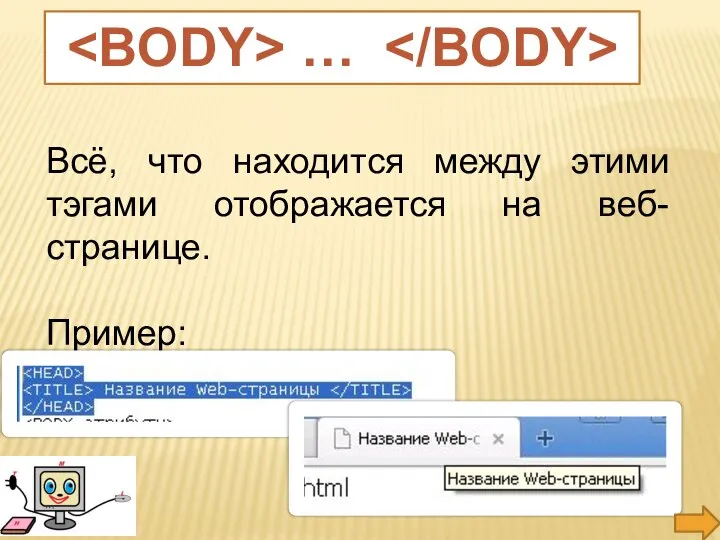 Всё, что находится между этими тэгами отображается на веб-странице. Пример: …