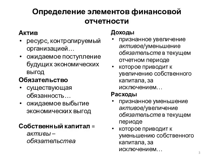 Определение элементов финансовой отчетности Актив ресурс, контролируемый организацией… ожидаемое поступление будущих