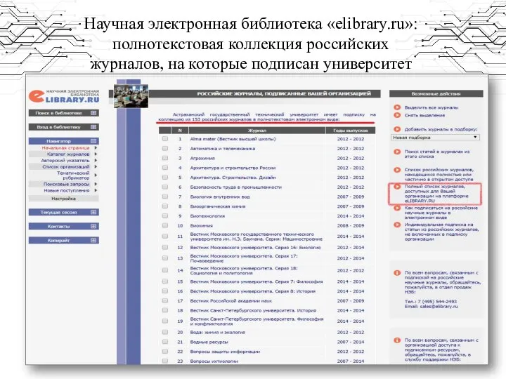 Научная электронная библиотека «elibrary.ru»: полнотекстовая коллекция российских журналов, на которые подписан университет