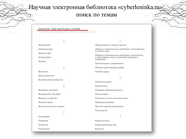 Научная электронная библиотека «cyberleninka.ru»: поиск по темам