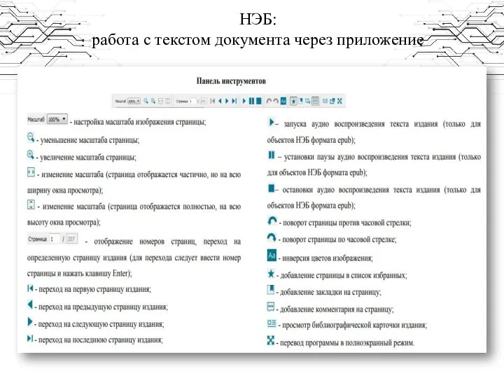 НЭБ: работа с текстом документа через приложение