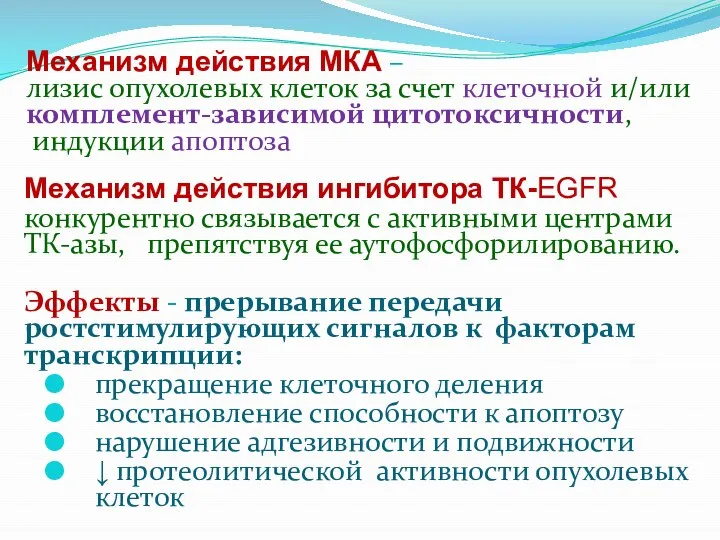 Механизм действия МКА – лизис опухолевых клеток за счет клеточной и/или