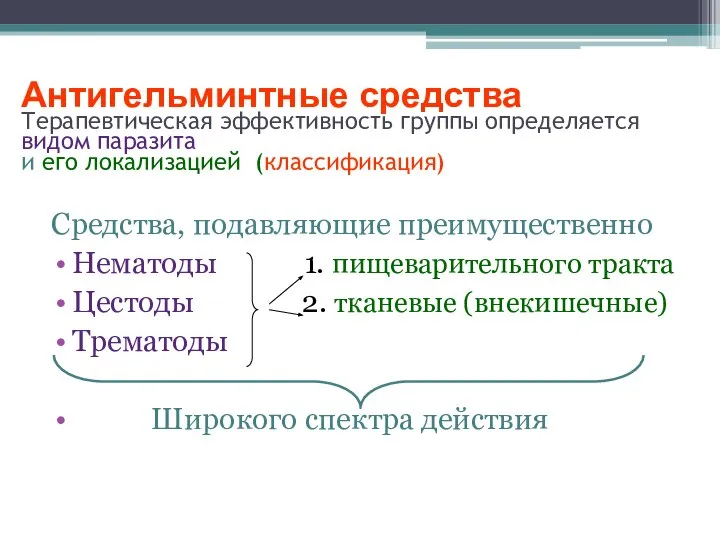 Антигельминтные средства Терапевтическая эффективность группы определяется видом паразита и его локализацией