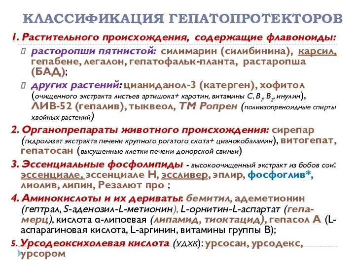 КЛАССИФИКАЦИЯ ГЕПАТОПРОТЕКТОРОВ 1. Растительного происхождения, содержащие флавоноиды: расторопши пятнистой: силимарин (силибинина),