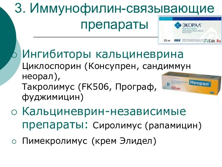 3. Иммунофилин-связывающие препараты Ингибиторы кальциневрина Циклоспорин (Консупрен, сандиммун неорал), Такролимус (FK506,