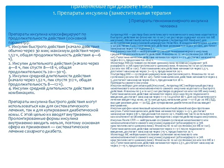 Применяемые при диабете 1 типа 1. Препараты инсулина (заместительная терапия Препараты