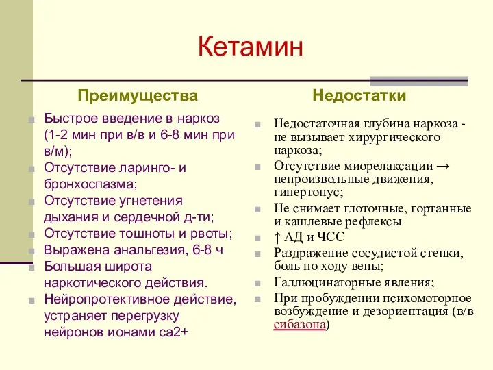 Кетамин Преимущества Быстрое введение в наркоз (1-2 мин при в/в и