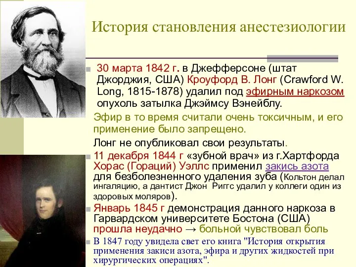 История становления анестезиологии 30 марта 1842 г. в Джефферсоне (штат Джорджия,