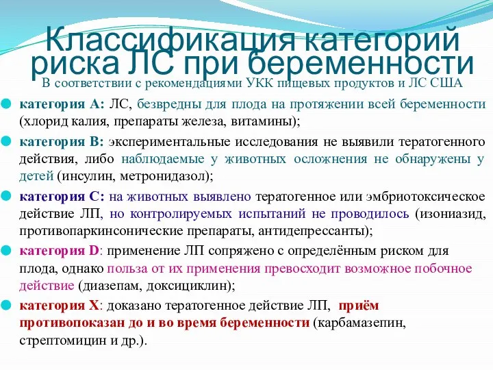 Классификация категорий риска ЛС при беременности В соответствии с рекомендациями УКК