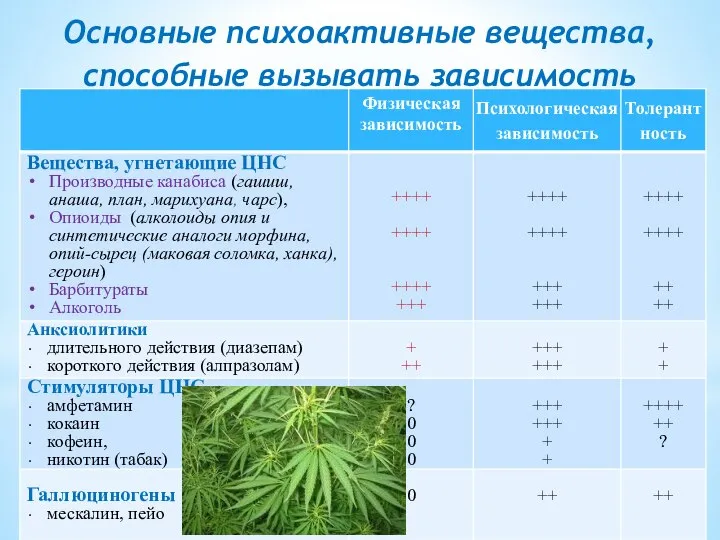 Основные психоактивные вещества, способные вызывать зависимость