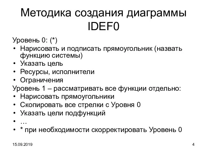 Методика создания диаграммы IDEF0 Уровень 0: (*) Нарисовать и подписать прямоугольник