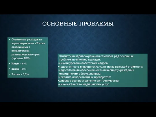 ОСНОВНЫЕ ПРОБЛЕМЫ Статистика расходов на здравоохранение в России сопоставима с показателями