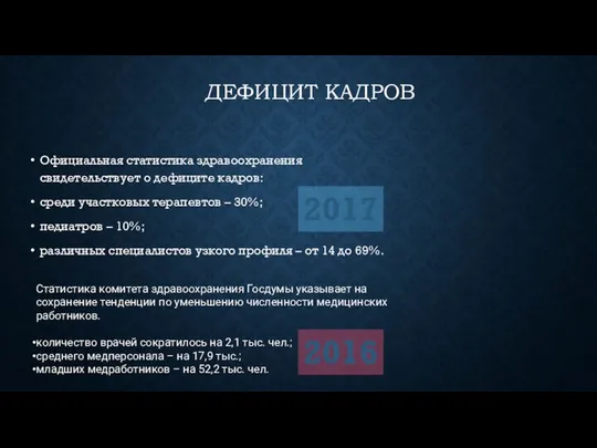 ДЕФИЦИТ КАДРОВ Официальная статистика здравоохранения свидетельствует о дефиците кадров: среди участковых