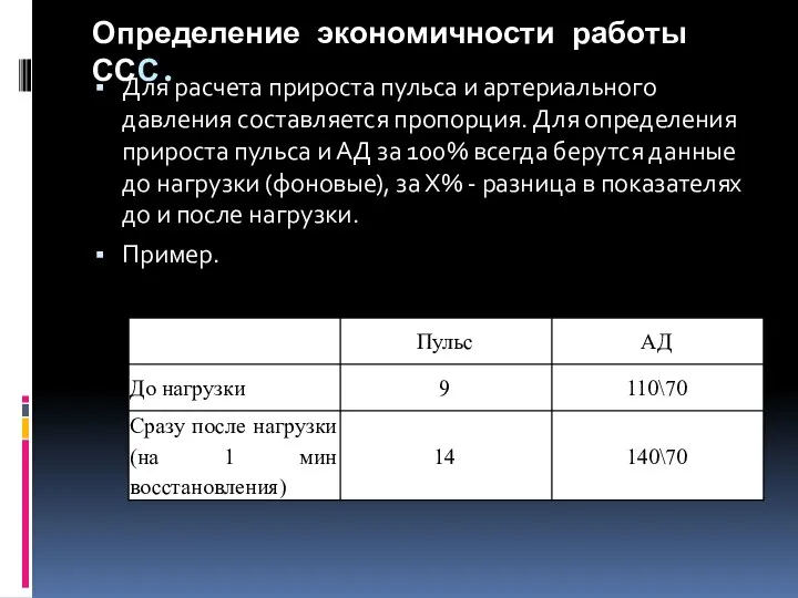 Определение экономичности работы ССС. Для расчета прироста пульса и артериального давления