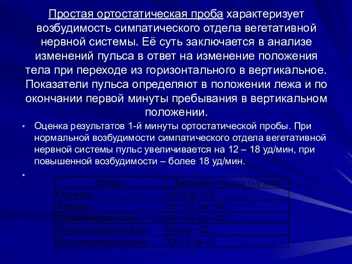 Простая ортостатическая проба характеризует возбудимость симпатического отдела вегетативной нервной системы. Её