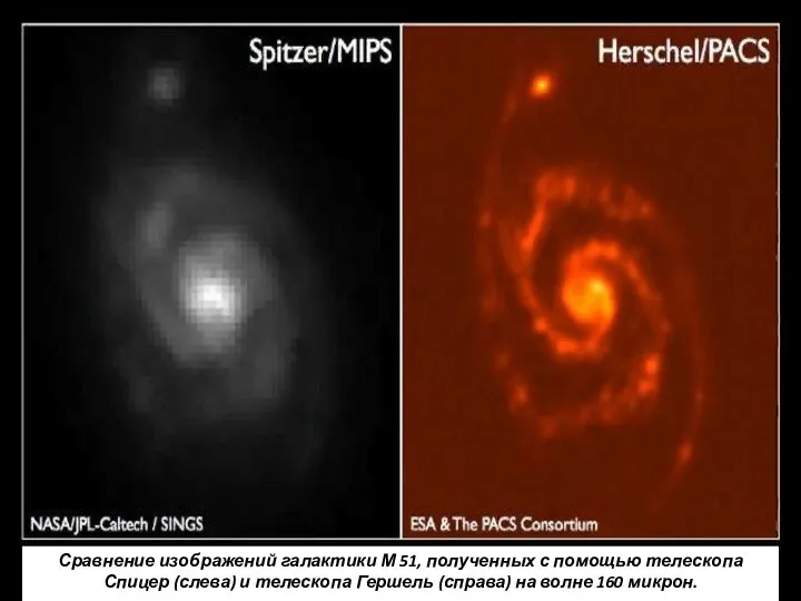 Сравнение изображений галактики М 51, полученных с помощью телескопа Спицер (слева)