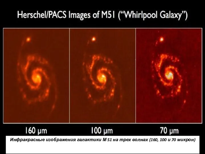 Инфракрасные изображения галактики М 51 на трех волнах (160, 100 и 70 микрон)