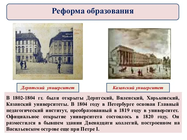 В 1802-1804 гг. были открыты Дерптский, Виленский, Харьковский, Казанский университеты. В