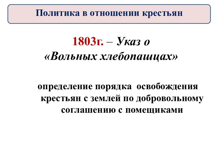 1803г. – Указ о «Вольных хлебопашцах» определение порядка освобождения крестьян с