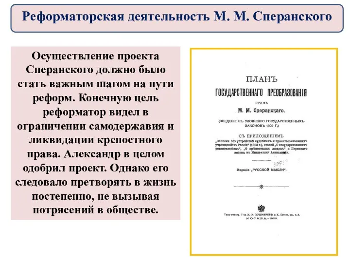 Осуществление проекта Сперанского должно было стать важным шагом на пути реформ.