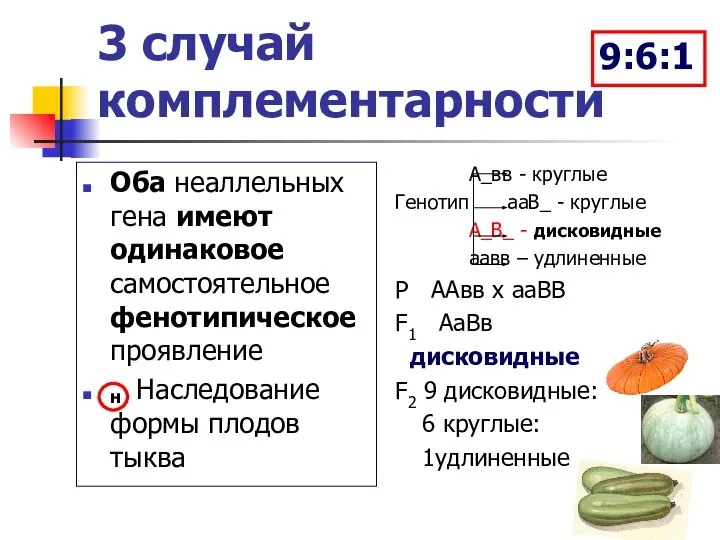 3 случай комплементарности Оба неаллельных гена имеют одинаковое самостоятельное фенотипическое проявление