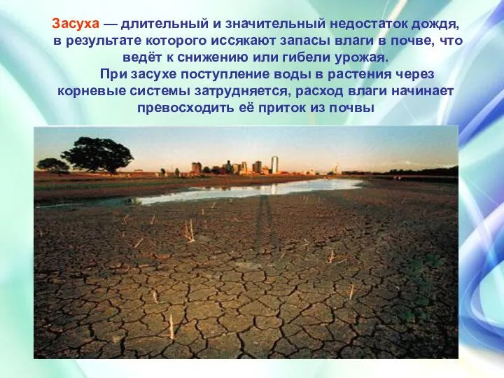 Засуха — длительный и значительный недостаток дождя, в результате которого иссякают