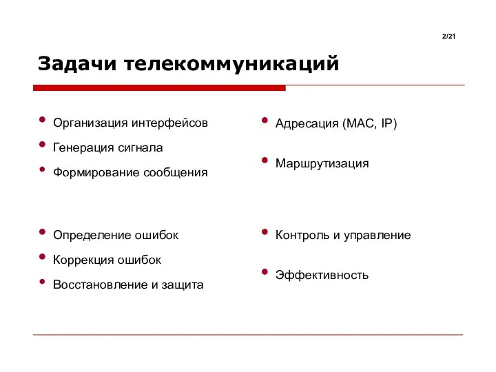 Задачи телекоммуникаций /21 Организация интерфейсов Генерация сигнала Формирование сообщения Адресация (MAC,