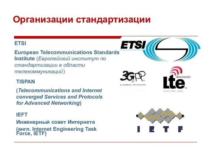 Организации стандартизации ETSI European Telecommunications Standards Institute (Европейский институт по стандартизации