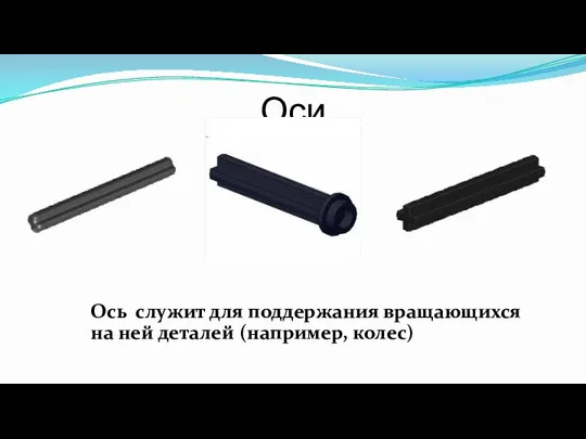 Оси Ось служит для поддержания вращающихся на ней деталей (например, колес)