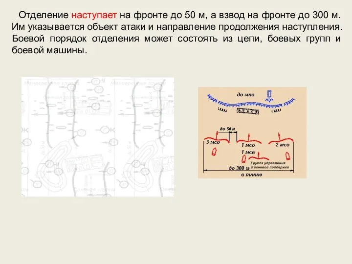 Отделение наступает на фронте до 50 м, а взвод на фронте