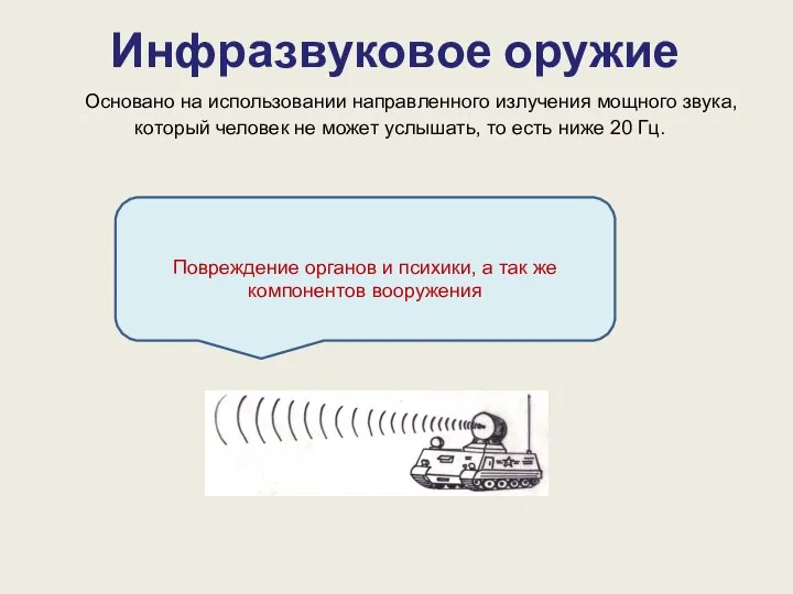 Инфразвуковое оружие Основано на использовании направленного излучения мощного звука, который человек