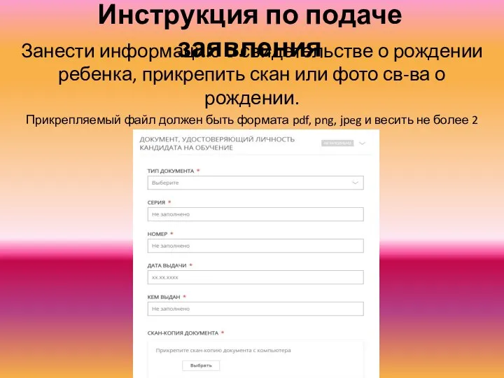 Инструкция по подаче заявления Занести информацию о свидетельстве о рождении ребенка,