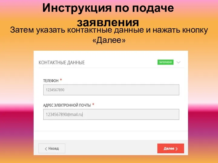 Инструкция по подаче заявления Затем указать контактные данные и нажать кнопку «Далее»