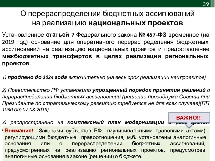 О перераспределении бюджетных ассигнований на реализацию национальных проектов Установленное статьей 7