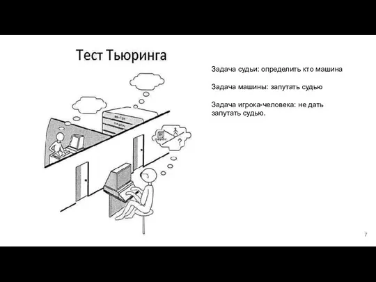 Задача судьи: определить кто машина Задача машины: запутать судью Задача игрока-человека: не дать запутать судью.