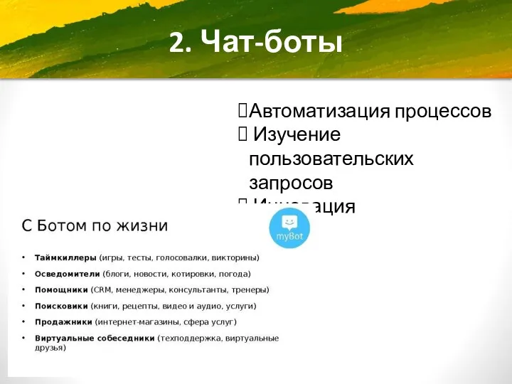 2. Чат-боты Автоматизация процессов Изучение пользовательских запросов Инновация