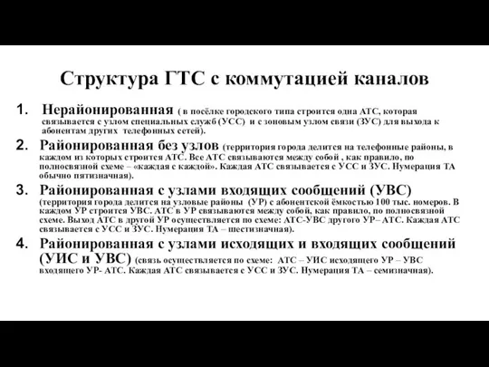 Структура ГТС с коммутацией каналов Нерайонированная ( в посёлке городского типа