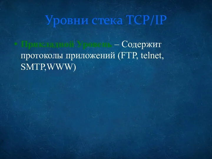 Уровни стека TCP/IP Прикладной Уровень – Содержит протоколы приложений (FTP, telnet, SMTP,WWW)